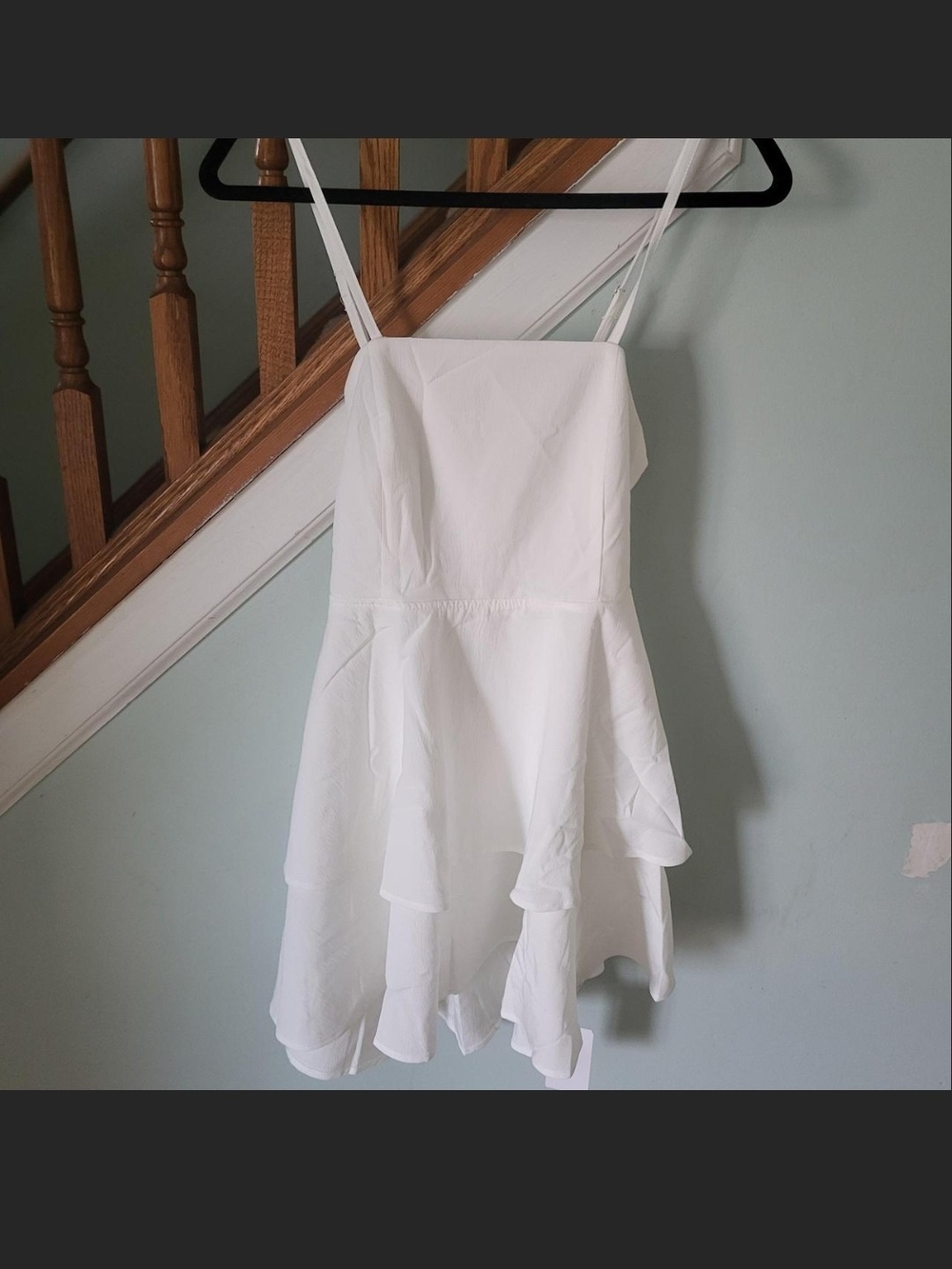 Backless White Ruffle-Hem Mini Dress with Spaghetti Straps